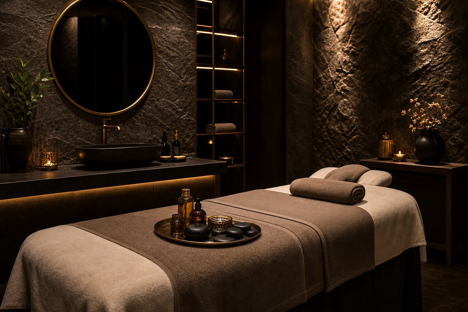 Kral masajı için koyu taş, altın ışık ve doğal yağlarla hazırlanan lüks spa odası