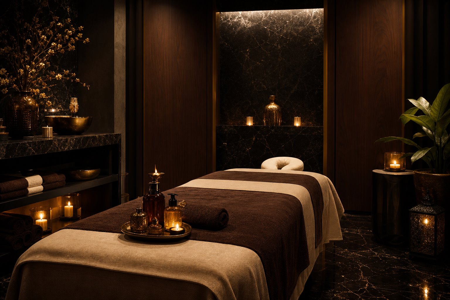 Sultan masajı için koyu mermer ve altın detaylarla hazırlanan lüks spa odası